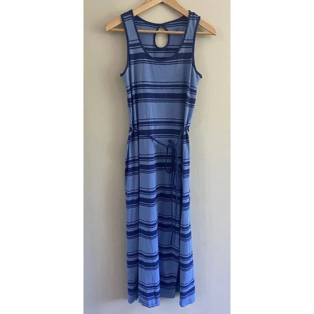 Horny Toad Midi Dress Tie Waist Organic Cotton Navy Blue Stripe Medium M